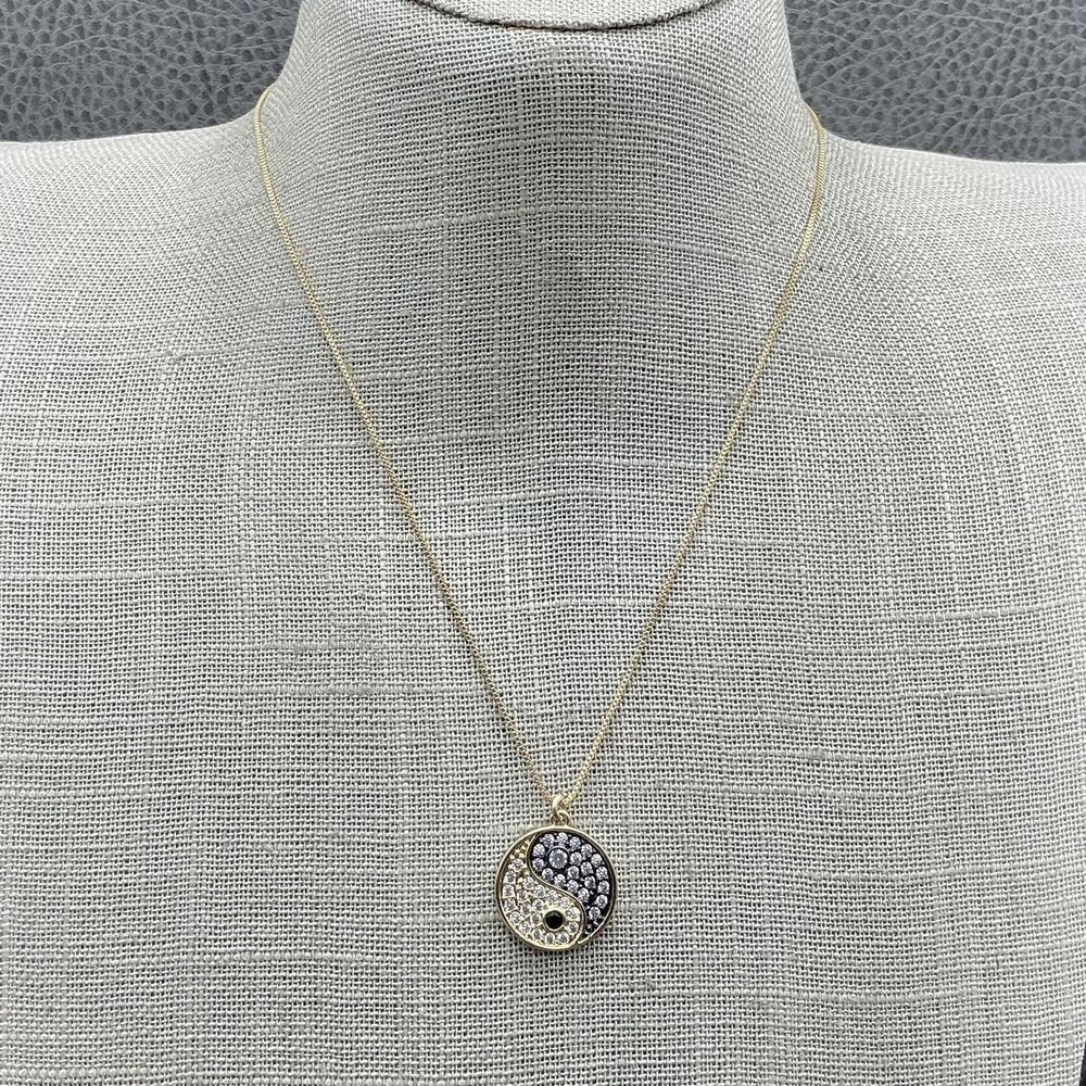 Athena Designs Yin Yang Pave Crystal Pendant 18K GF Necklace Rhinestone 16"